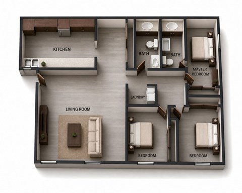 Floor plan for 2 beds, 1 bath, 878 sqft